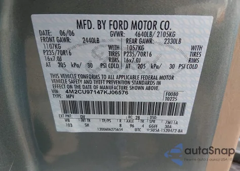 2007 Mercury Mariner Premier z USA, uszkodzony, nr VIN 4M2CU97147KJ06576